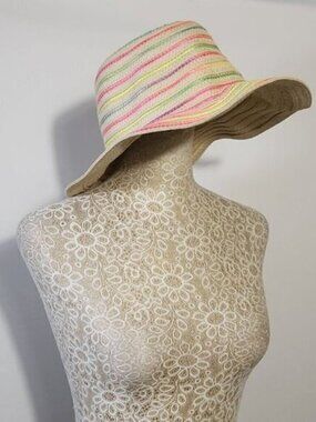 Summer Ladies Sun Beach Paper Straw Neon Stripe Hat Floppy Foldable Med Brim